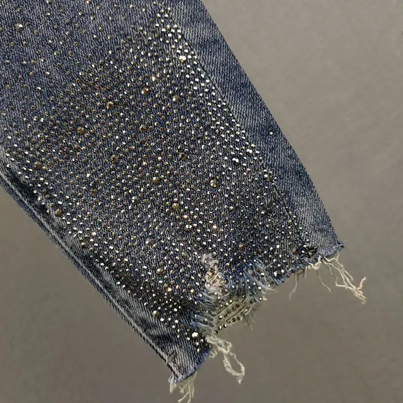 Women's Rhinestone Jeans 2024 Summer Thin Slim Fit Slimming High Waist All-Matching Cropped Jeans