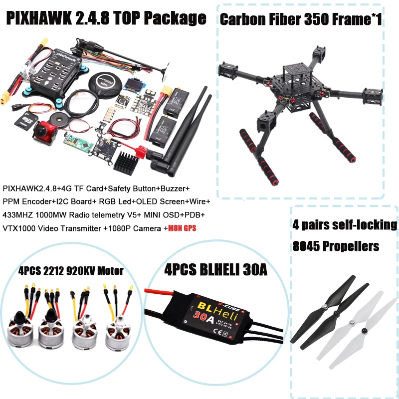 

RctoSky Комплект рамок из углеродного волокна 350 PIXHAWK2.4.8 Управление полетом Ardupilot Радиотелеметрия Квадрокоптер BLHELI 30A 2212 Двигатель ESC