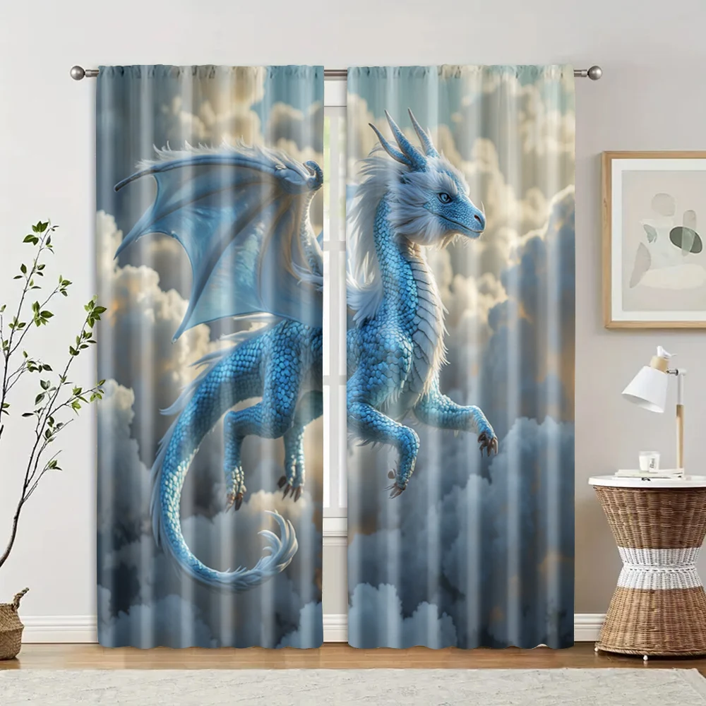 

2 pcs, filtering curtains (excluding rods, non-movable, without batteries) Blue Cloud Dragon (2) for use in bedrooms and living