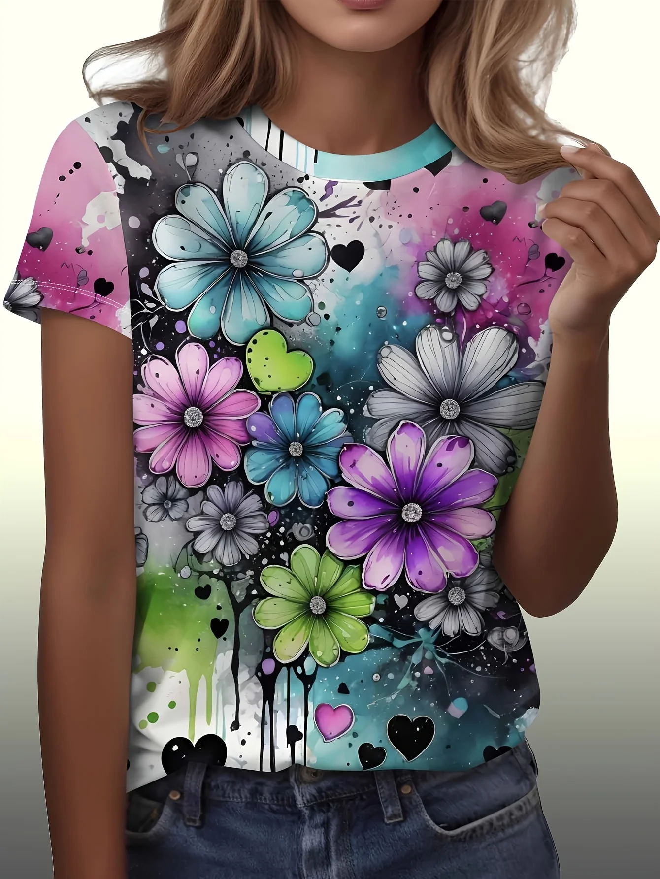 Women T‑shirt Short Sleeve Watercolor Splash Colorful Daisy Graffiti Graphic Print O‑neck Casual Daily Summer Fashion Tee Top