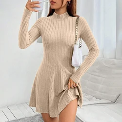 Vestido corto ajustado sencillo y elegante para mujer, suéter liso a rayas, vestido de manga larga con cuello redondo, vestido de calle para ir al trabajo de otoño e invierno 2024