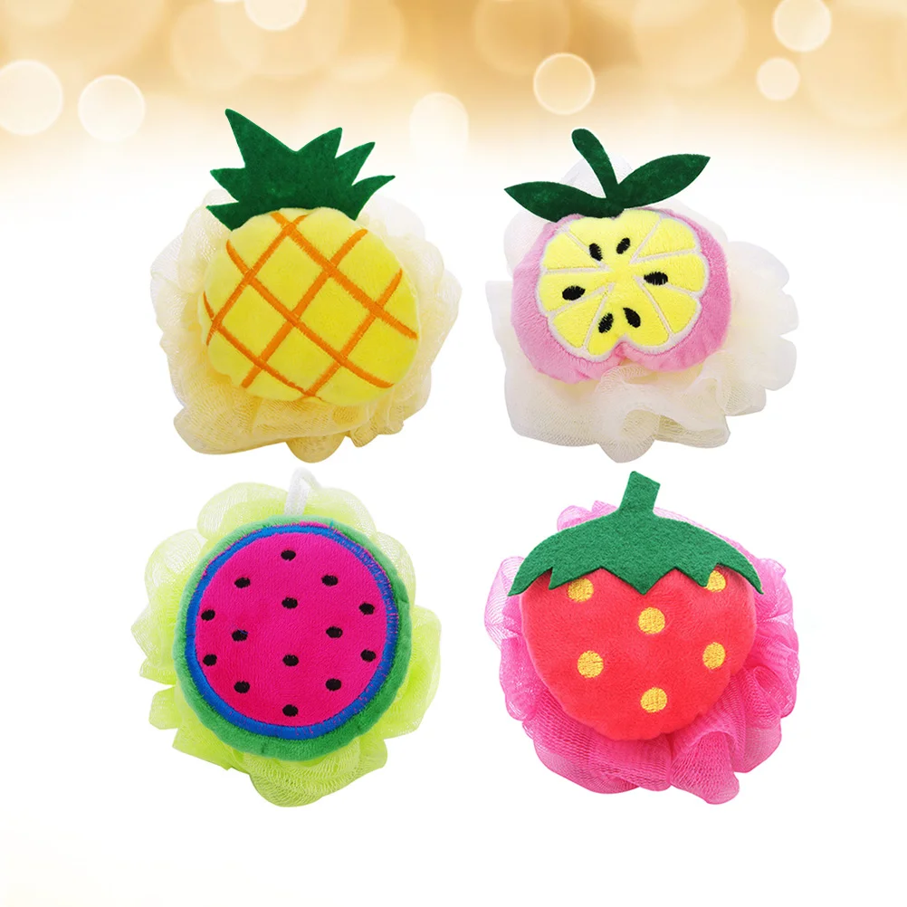 

4pcs Large Shower Ball Colorful Fruit Shape Bath Ball Mesh Sponge Mesh Pouf (Pineapple + Watermelon + + Strawberry)