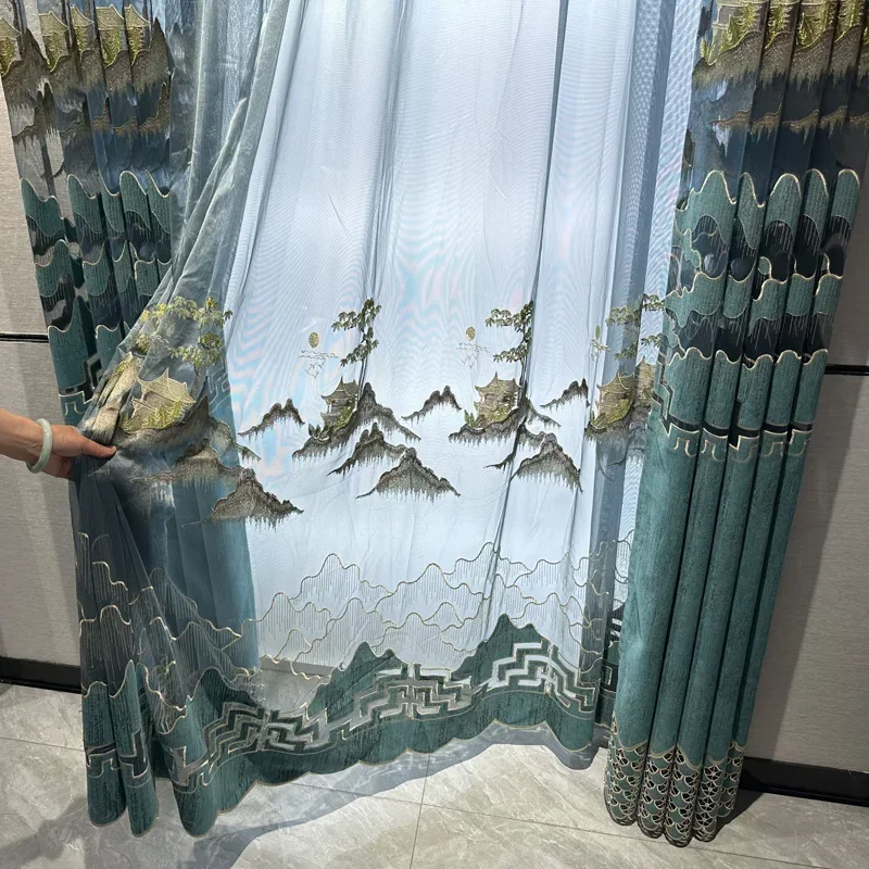Chinese Style Landscape High-end Embroidered Chenille Curtains for Living Room Bedroom Dining Hall Study Custom Size Decor Tulle