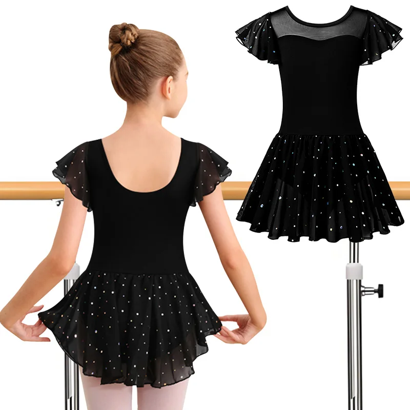 الفتيات رفرفة الترتر كم الباليه ملابس رقص الجمباز للطفل الجمباز التنانير مع التنانير عالية منخفضة وبطانة ناعمة ثياب الرقص
