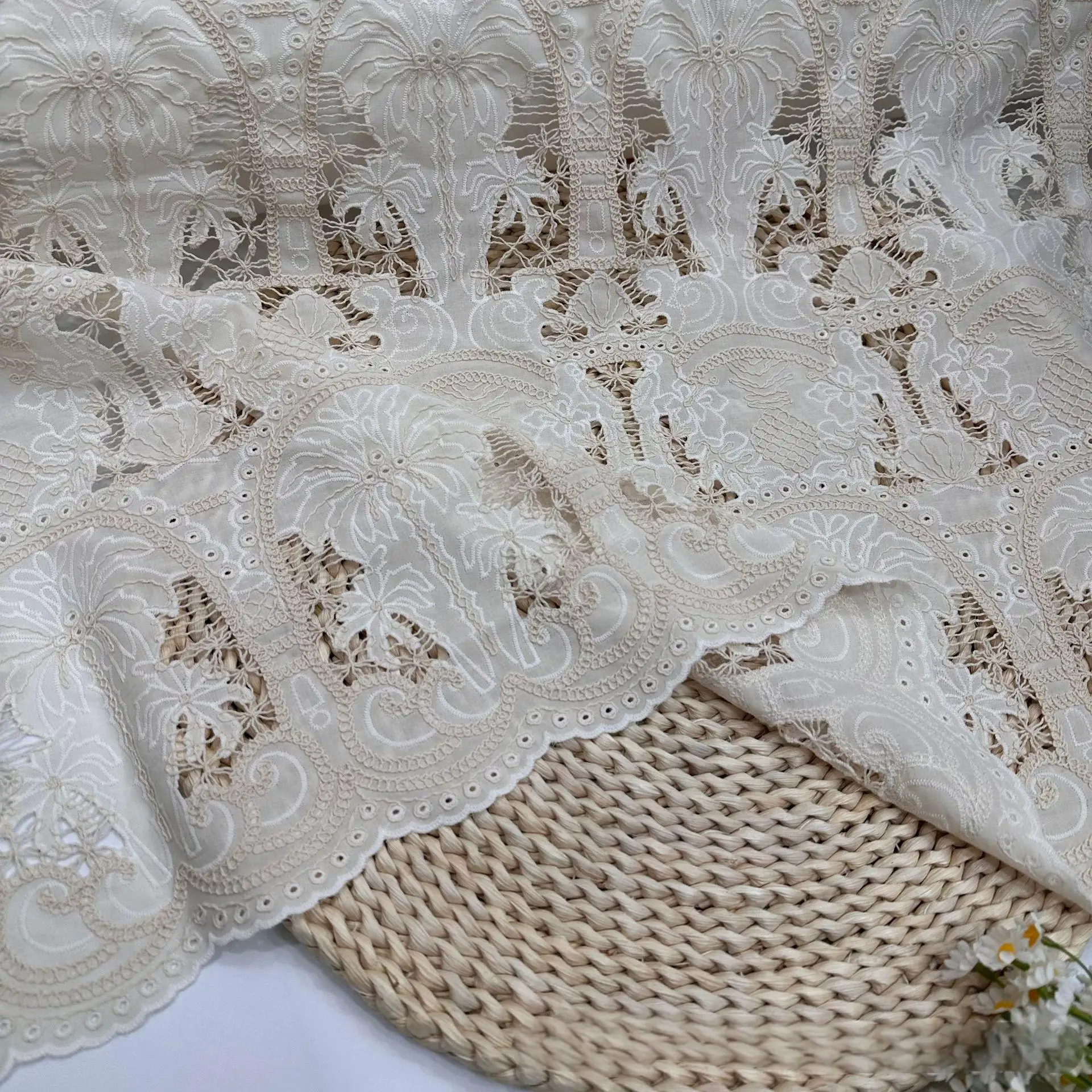 

France Swiss Cotton Lace Coconut Tree Design Cotton Laser Coil Embroidery Fabric Dress Shirt Hollow Lace Embroidery Fabric