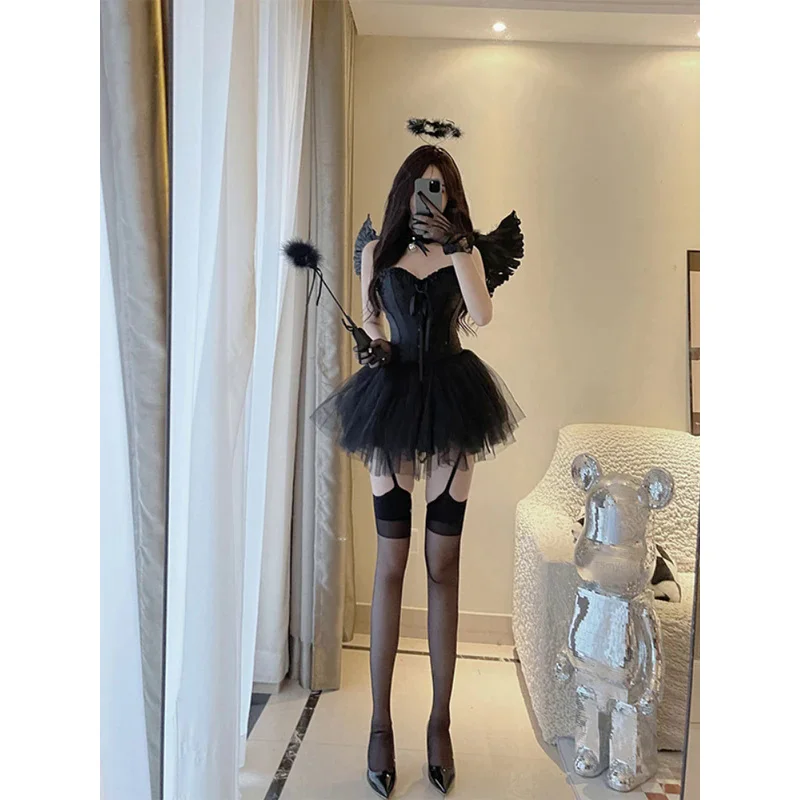 Koreanische sexy Fee 2 Stück Set Frauen weiß V-Ausschnitt Leibchen Crop Tops Mesh Tutu A-Rock Anzug Halloween Party Engel Cosplay Kostüm