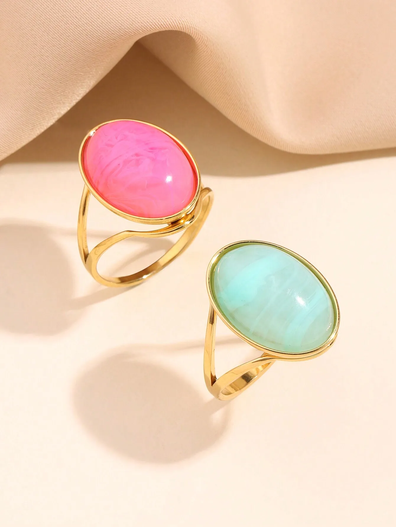2Pcs Stainless Steel Gold Tone Rings For Women Inlaid Light Blue Pink Gemstones Exaggerated Statement Fashion Jewelry Accessories