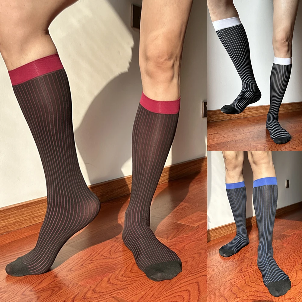 Skarpety męskie w paski do garnituru biznesowego, na formalne okazje, czerwone, prześwitujące, długie, skarpety męskie.