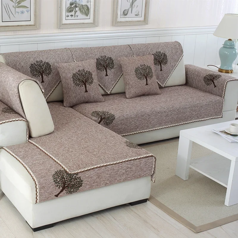 1 Piece Summer Cotton Linen Solid Brown Tree Leaves Sofa Cover Non Slip Sofa Towel Cushion For Sectional Sofa Home Decoration