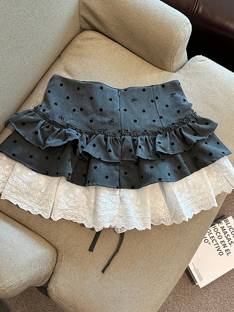 2025 femmes printemps/été nouvelle taille haute sangle épissage Polka dentelle demi-jupe a-ligne jupe courte pour les filles haute rue