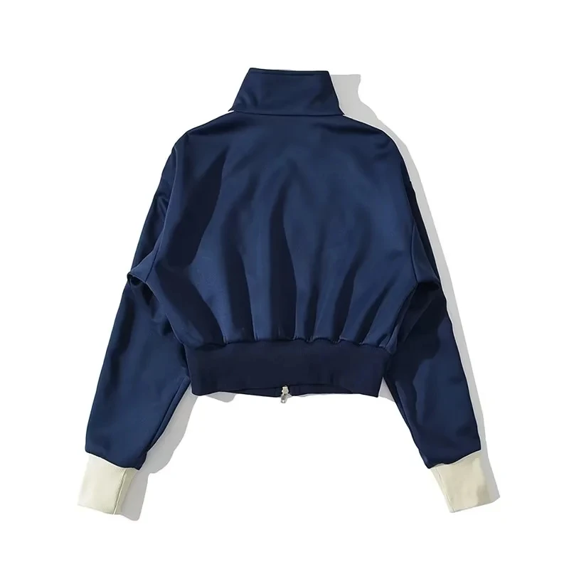 Double Zip Sweatshirt for Women, High Collar Color Contrast Stripe Crop Track Jacket