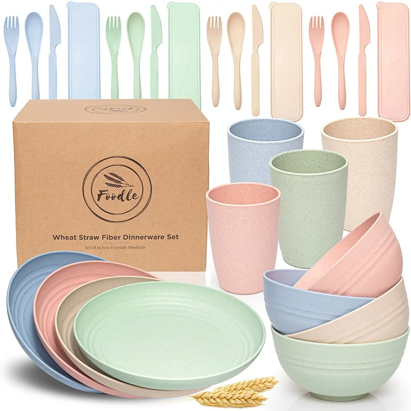 28pcs Wheat Straw Dinnerware Sets Lightweight Unbreakable Dishes Plates Cups Bowls Spoons Knife Microwave Dishwasher Safe