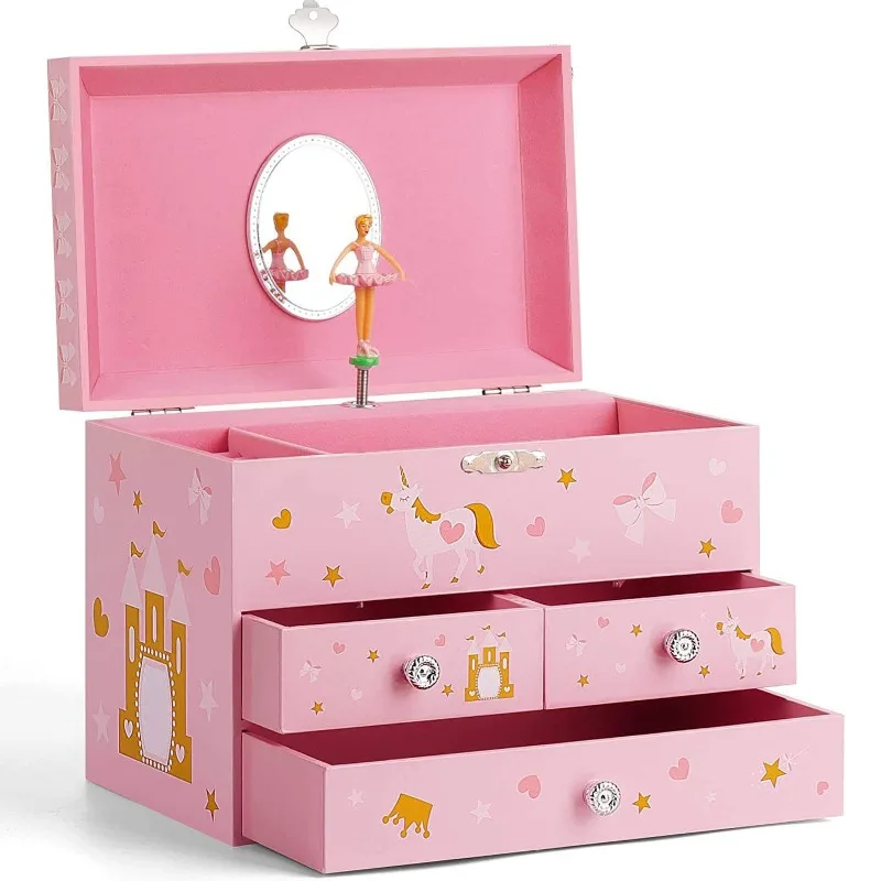 

Enlarged Three Draw Unicorn Castle Princess Clockwork Style Music Box for Girls and Children's Jewelry Storage Music Box