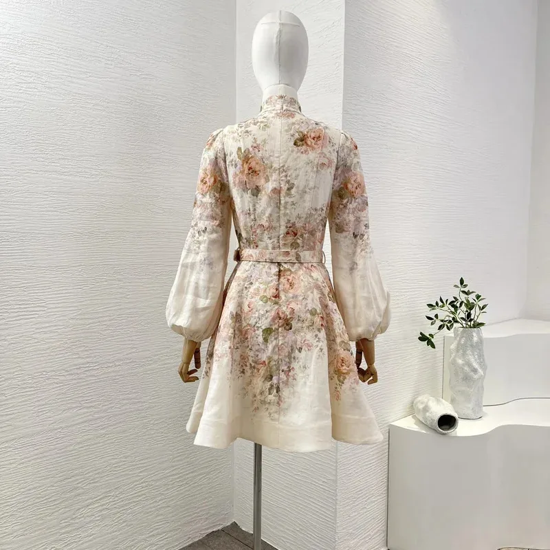 Mini abito da donna Re-tro A con cintura e maniche a lanterna con stampa floreale di alta qualità in puro lino 2025