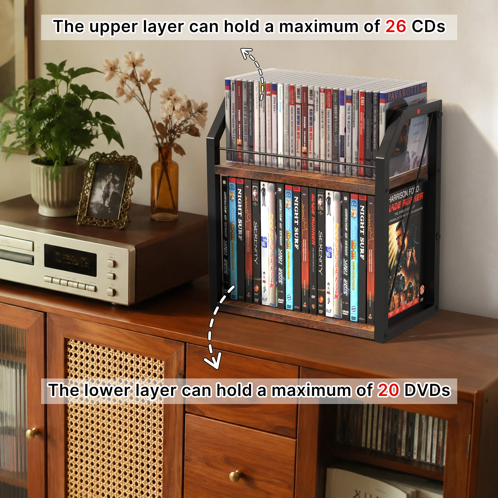 New 2Layer CD+DVD Organizer Rack Iron Wood Display Shelf Space-Saving Storage Display Rack for Movies Music Game Discs CDs DVDs - view 3