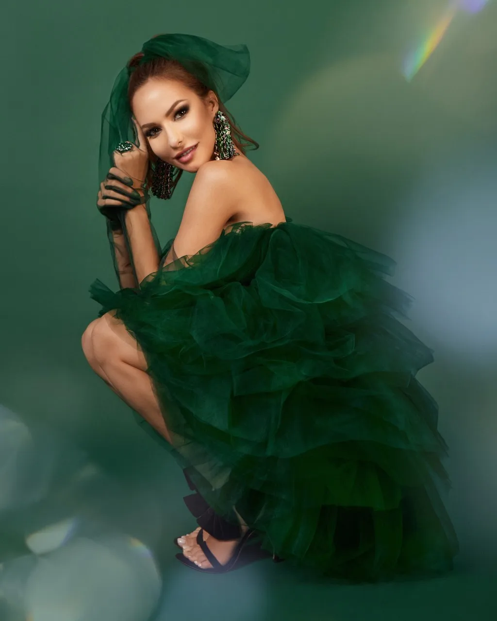 فستان نسائي بدون حمالات من التل الأخضر الداكن مكشكش للحفلات الراقصة قفازات شفافة قصيرة منتفخة لحفلات الكوكتيل بطول صغير مقاس كبير #5