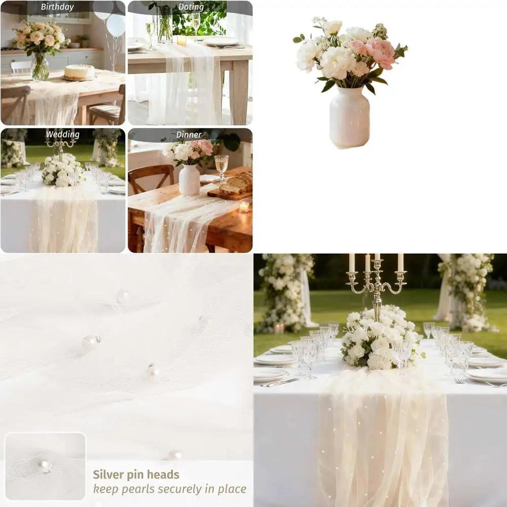 

Beige Pearl Table Runner 10ft, Rustic Tulle Lace 30x120 Inch for Weddings and Parties