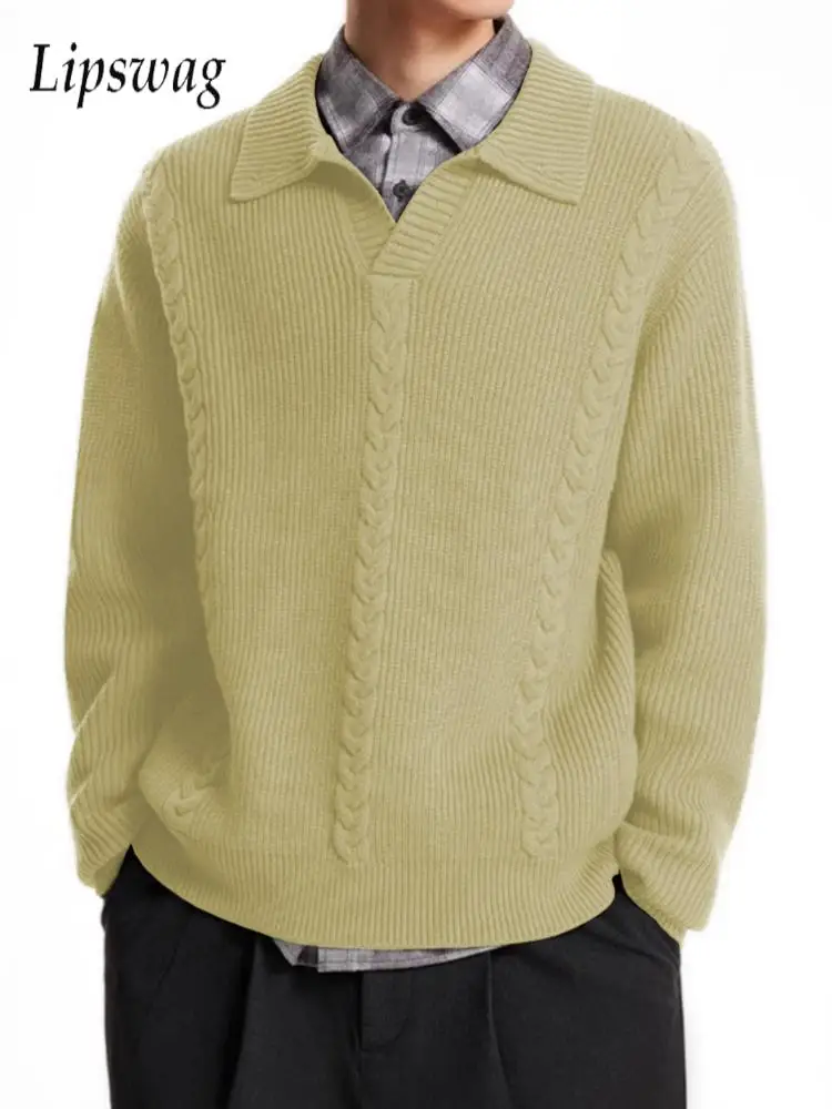 

Stylish Twist Texture Crochet Polo Shirts Men Autumn Casual Button-up Long Sleeve Polo Sweater For Mens Outdoor Fashion Sweaters