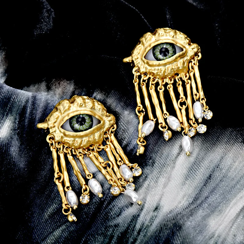 

Exquisite 925 Silver Needle 14k Gold Plated Pearl Tassel Medieval Eyes Drop Earrings For Women Vintage Hip-hop Fine Jewelry
