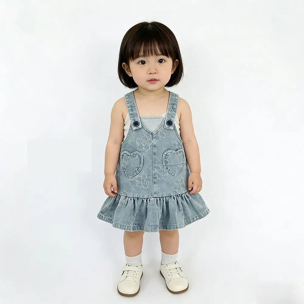

2026 Summer New Cute Little Sleeveless Girls Denim Dress Fashion Children Casual Dress Baby Girl Heart Strap Dress Kids Clothes