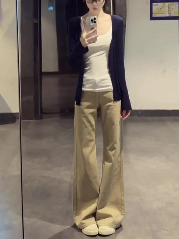 

Прямые джинсы цвета хаки с высокой талией больших размеров, женские осенне-зимние свободные расклешенные брюки на подкладке