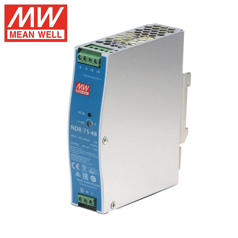 Mean Well NDR-75 Series DC 12V 24V 48V 6.3A 3.2A 1.6A 75W Single Output Industrial DIN Rail Power Supply