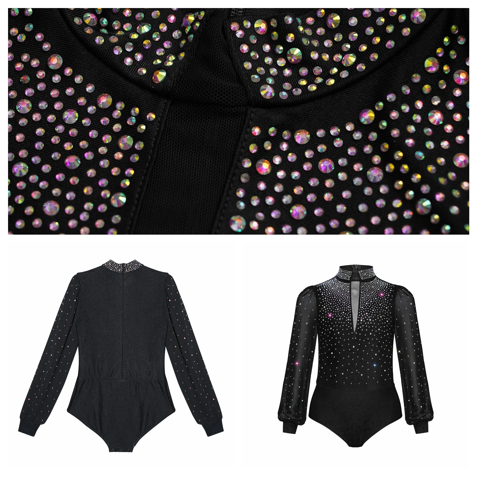 Children's Latin Dance Bodysuit for Boys Long Sleeve Figure Skating Bodysuit Teens Rhinestones Ballroom Tango Dance Leotard