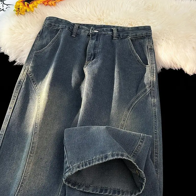 

Ретро-джинсы в американском стиле с эффектом потертости, прямые, зауженные, унисекс, повседневные, винтажные, со средней посадкой