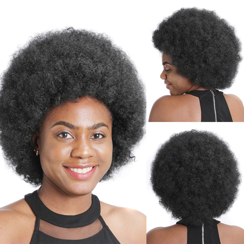 10 Inch Afro Kinky Curly Hair Wigs With Bangs Soft Fluffy Synthetic Fiber None Lace Wigs For Party Cosplay Daily Use