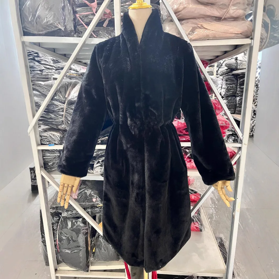 Abrigo largo negro de lujo para mujer, elegante, grueso, cálido, peludo, suave, de piel sintética de visón, con cuello levantado y fajas, abrigo de invierno para mujer