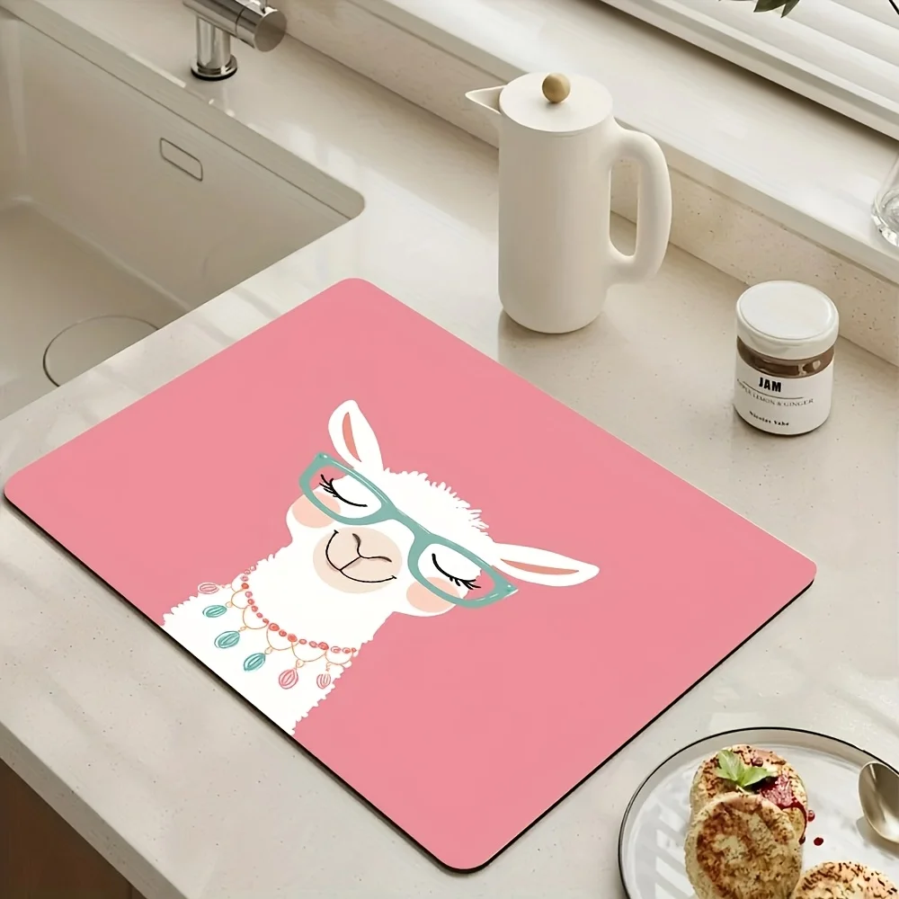 Super Absorbent Drying Mat, Cute Llama Black Cat Tulip Floral Print, Waterproof Non Slip Kitchen Counter Drain Decor Placemat