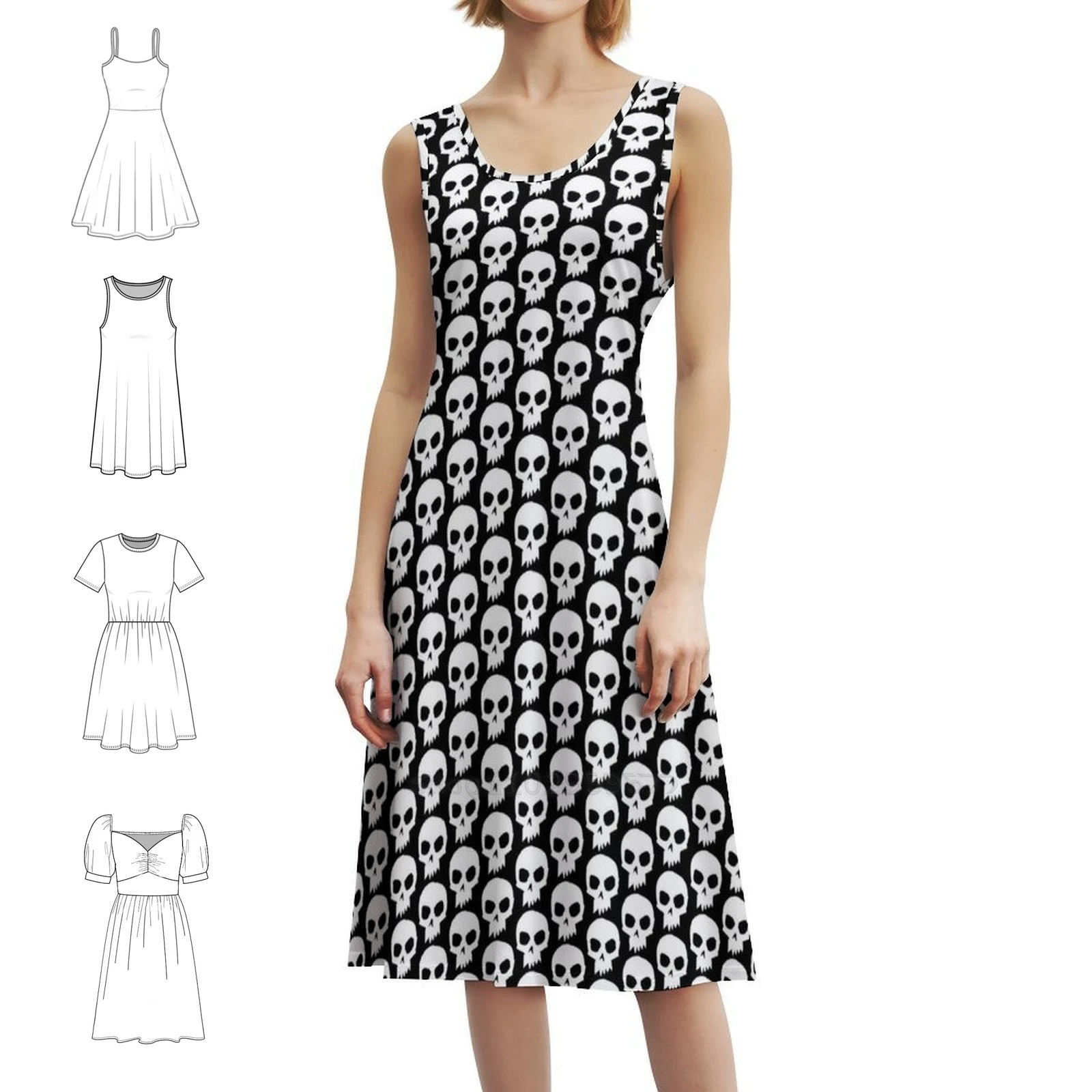 Skull ~ Sid Women's Elegant Party Dress A-Line Dress With Short/Long/Sleeveless Options Skull Spooky Emo Goth Gothic Skeleton