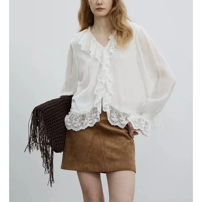 

Romantic/French Ruffle V-neck Heavy Lace Elegant Loose Long-sleeved Shirt