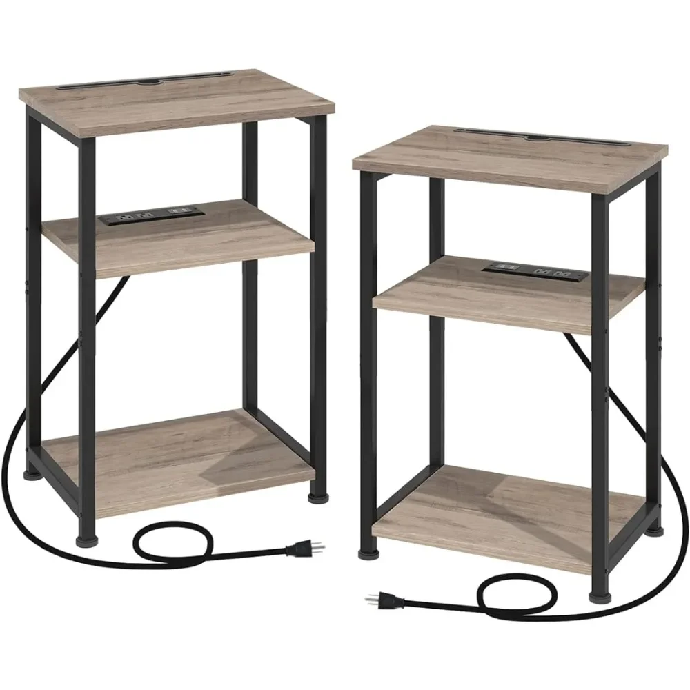 Tables Set of 2, Side Table with Charging Station, Nightstands with Phone Holder, Slim Side Table Living Room