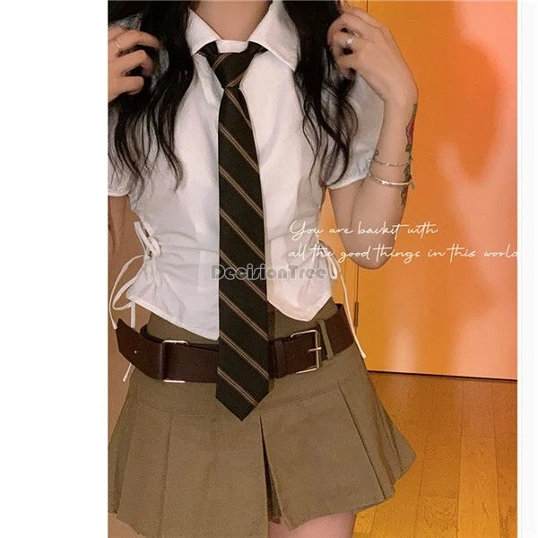 2024 korea japan style women jk set vintage high-waisted khaki pleated skirt preppy short crop shirt two-piece uniform set w936