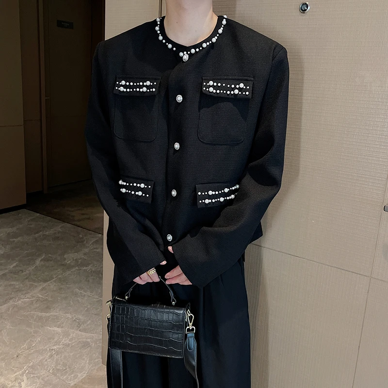 High Quality Autumn Winter Jacket Men's Embroidered Pearl Collarless Jacket Casual Social Streetwear Party Nightclub Short Coat - Image 3