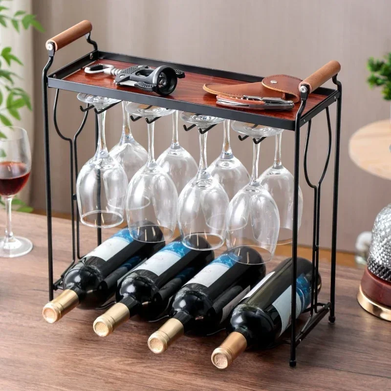 Retro red wine rack, wrought iron home wine, red wine rack, bar counter upside down goblet rack, wooden handle wine holder