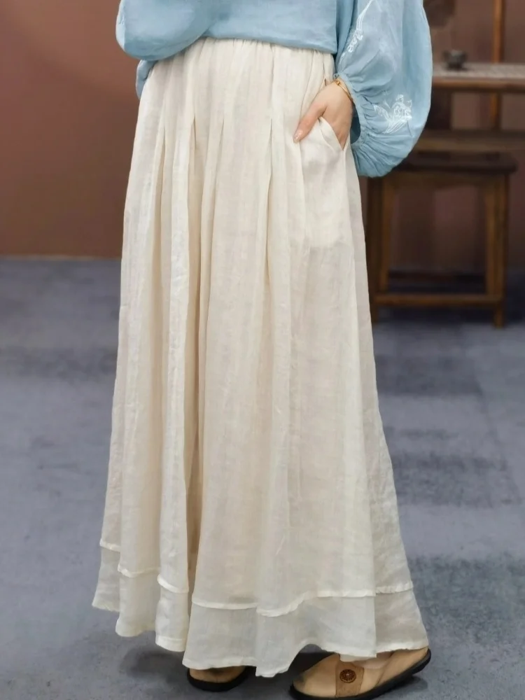 Nieuwe Chinese Sle Losse Dubbellaags Pure Kleur Vlas Midi Rok vrouwen Ciwalk A-lijn Rok midden Taille Elastische taille