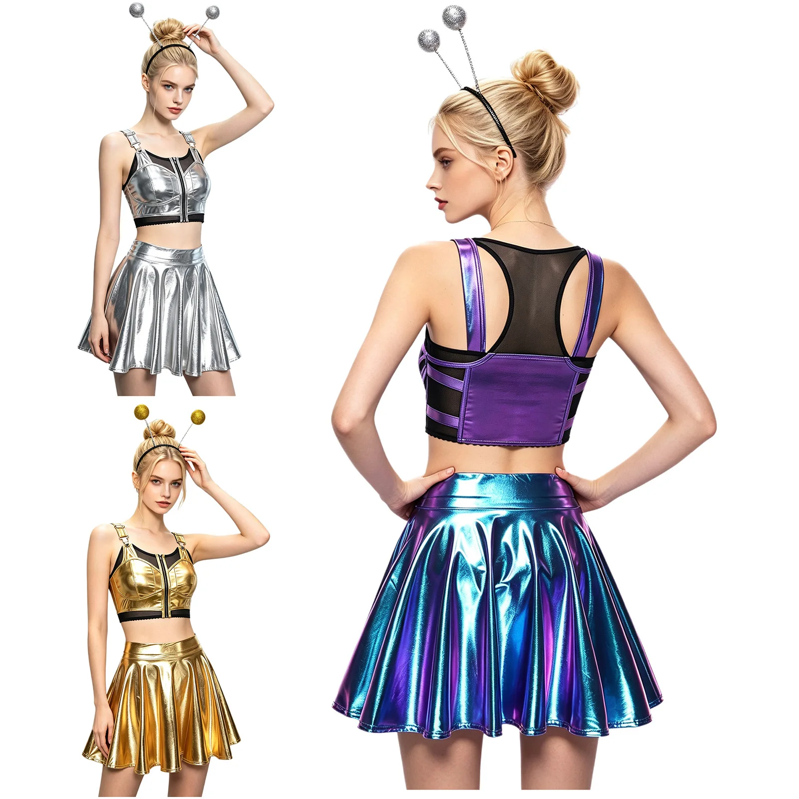Women Metallic Alien Dress-up Costumes Outfit Shiny Clubwear Mesh Patchwork Crop Top with Headband And Skirt for Halloween Party