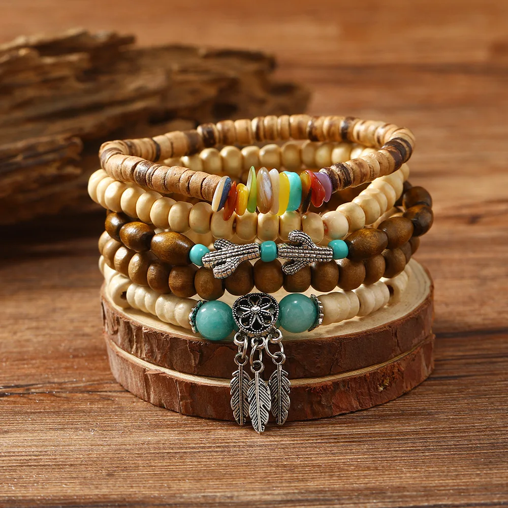 Bracelet For Men New Retro Seashell Dream Catcher Cactus Multi-piece Set Of Wooden Beads Bracelet Personality Trend Bracelet
