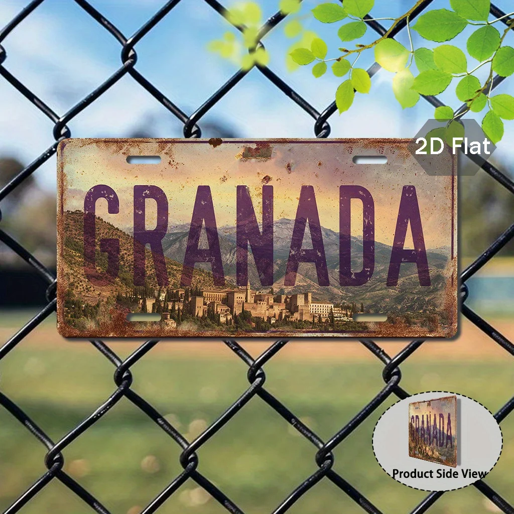 2D Flat - 1pc Vintage Granada License Plate | Spanish Retro Decor, 29.97cm x 14.99cm Aluminum Wall Art with Cityscape Design, Id