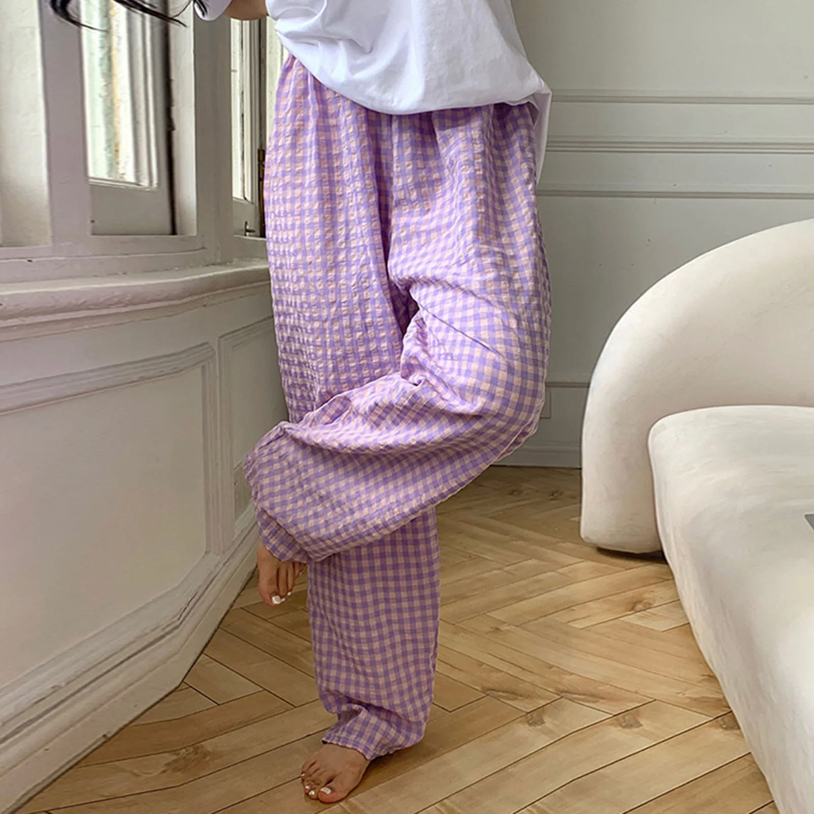 Pantalones de pijama a cuadros florales para mujer, ropa de casa de pierna ancha, pantalones cortos de dormir sueltos, cintura elástica cómoda, informal