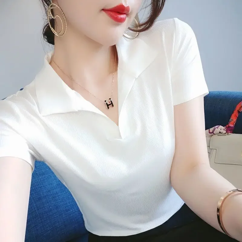 Plain Clothes Polo Neck Shirt White Short Sleeve Tee Yellow Top Women's T Shirts Rose Red Sale Offer Comfortable With Collar V