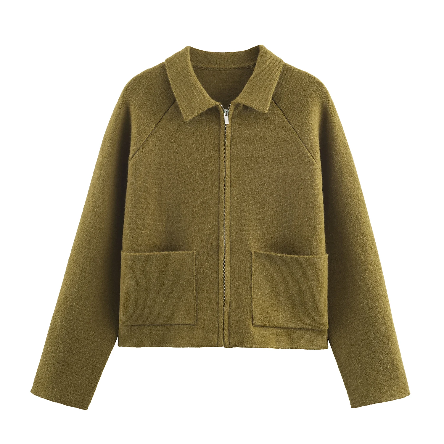 

European and American Style 2025 Winter New Women's Casual Versatile Flap Collar Long Sleeve Zippered Knit Coat