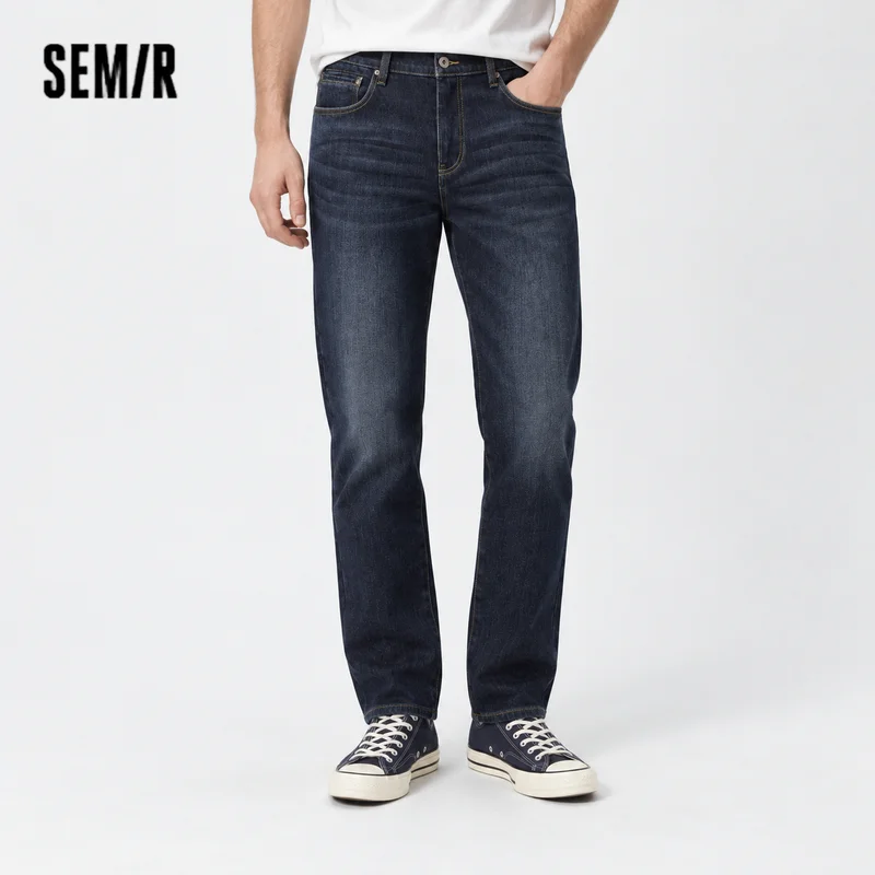 Semir Men Jeans Fleece Lined Stretch Tapered Fit Whisker Distressed Wash 2026 Vintage Warm Urban Casual Denim PantsSemir Men Jea