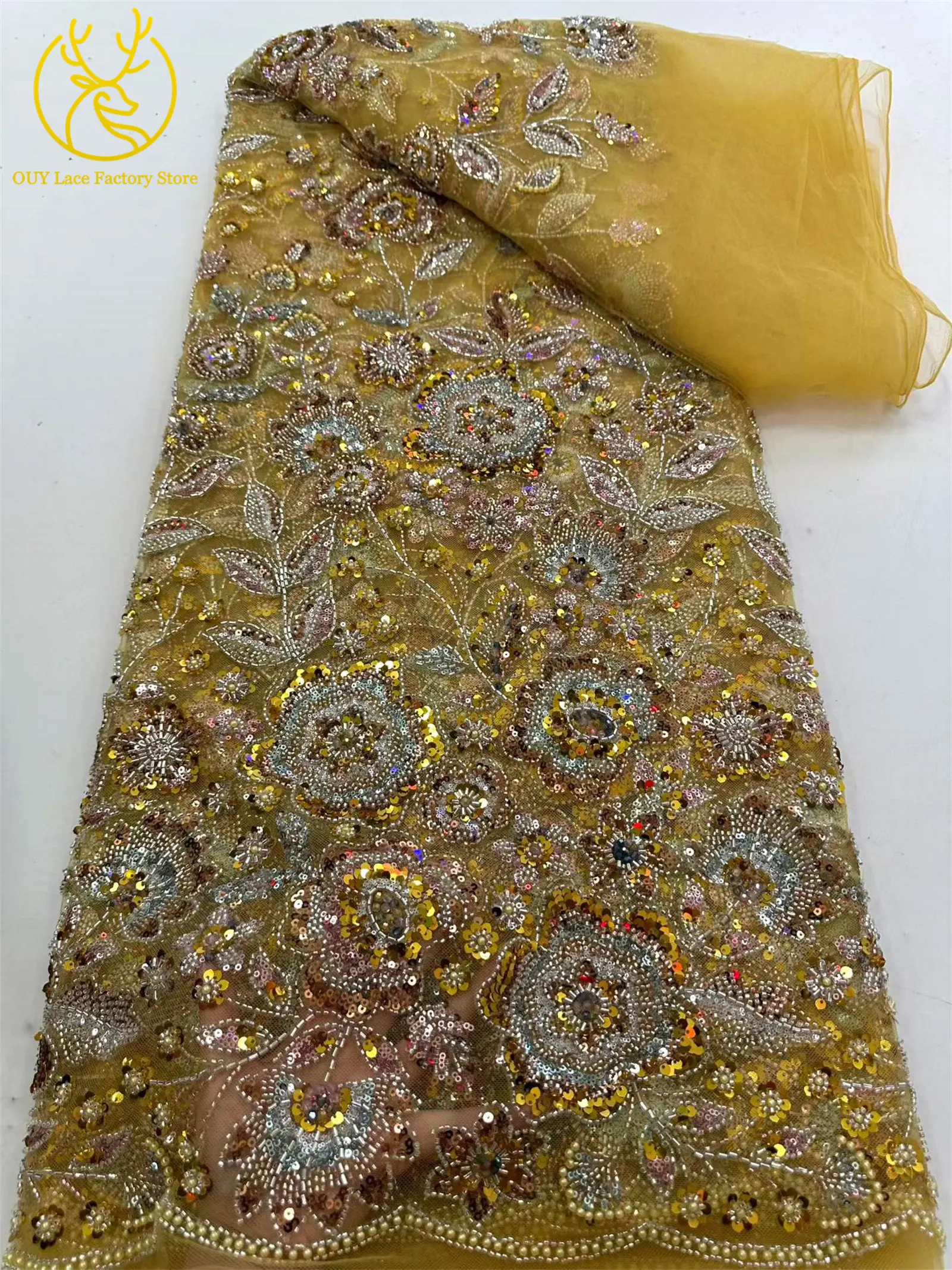 2026 Modische Afrikanische Bräutigam-Spitzenstoffe mit Stickerei und Perlen, 5 Yards Französischer Tüll mit Pailletten, Nigerianischer Spitzenstoff für Hochzeitskleider – Detail 13
