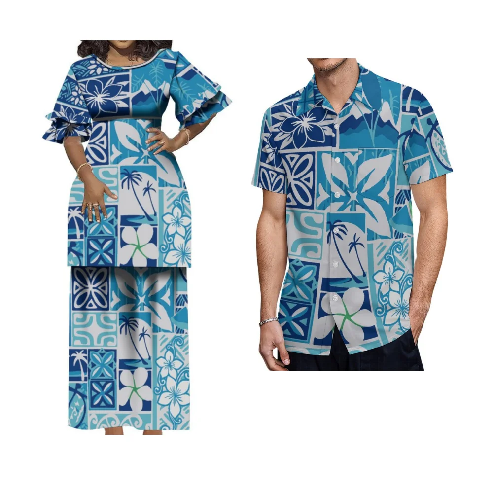 

Polynesian Couple Set Tribal Ethnic Pattern Design New Puletasi Custom New Lotus Leaf Double Sleeve Skirt Hawaiian Men'S Shirt