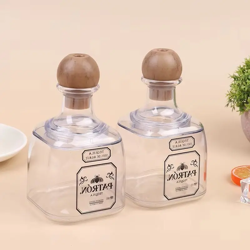 375ml Mini Tequila Bottles Acrylic Reusable Cups With Straw Hole Small Patron Bottles Empty For Drinking