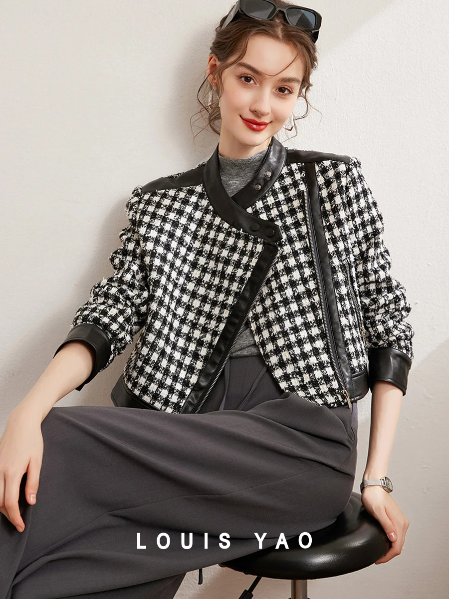 

LOUIS YAO 2024 Winter Fashion Plaid Patchwork PU Jacket with British Diagonal Zipper Thick Non Elastic Women's Jacket