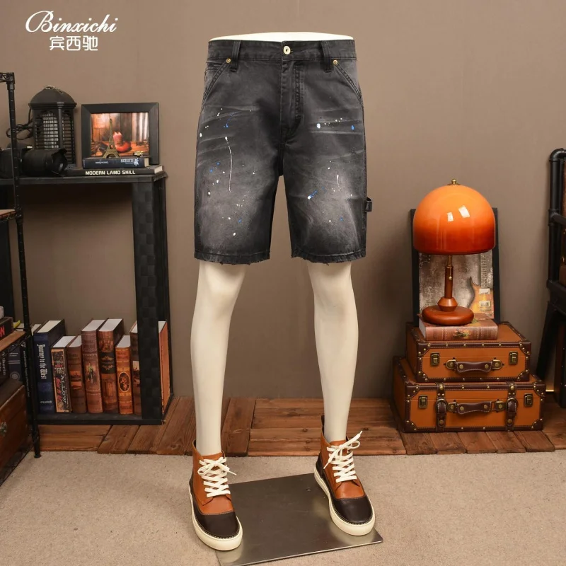 Men's 2026 Summer Denim Shorts Vintage Paint Print Heavy Loose Straight Versatile Daily Casual Workwear 5 Inches